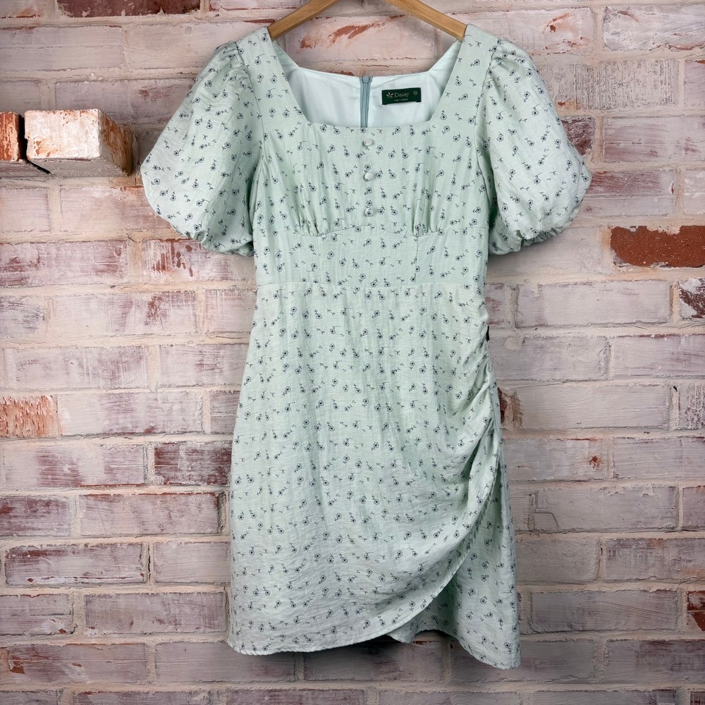 Daisy‎ Floral Puff Sleeve Mini Dress M Cottagecore Prairie Milkmaid Romantic